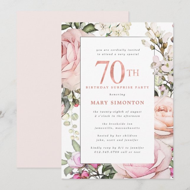 Invitation 70e anniversaire Surprise Party Blush rose floral (Devant / Derrière)