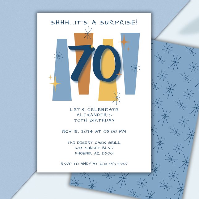 Invitation 70e Anniversaire Surprise Rétro Masculine Bleu (Créateur téléchargé)