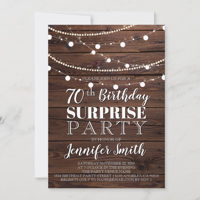 Invitation 70e anniversaire Surprise Rustic Wood String Light (Devant)