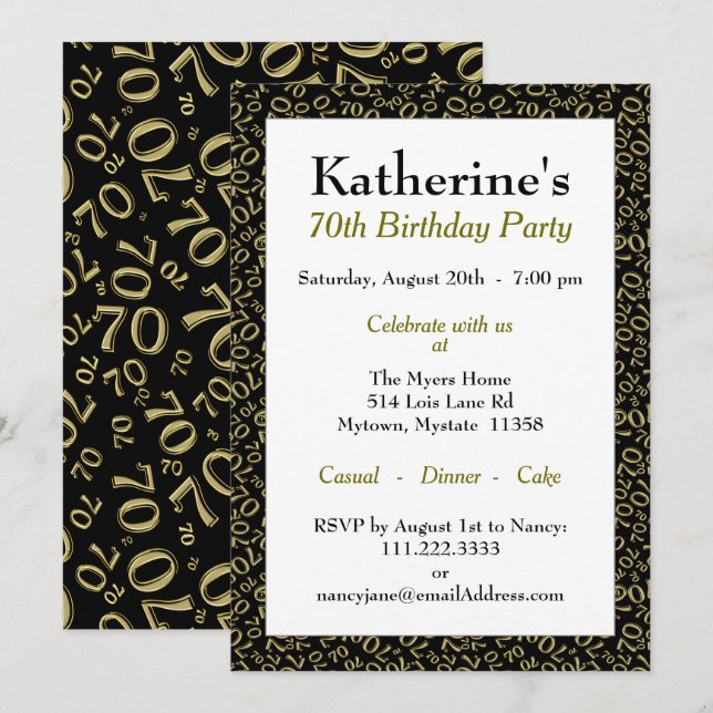 Invitation 70e anniversaire Thème de fête - Motif d'or et de  (Devant / Derrière)
