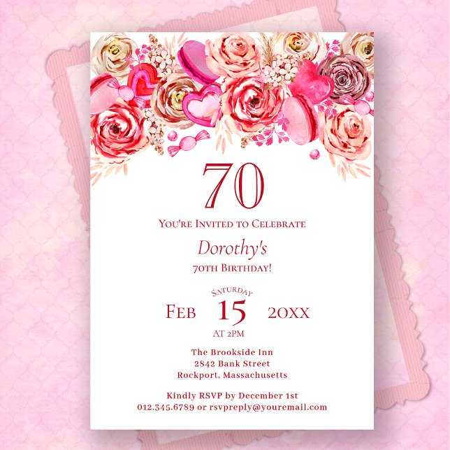 Invitation 70e anniversaire Valentine Rose Rose Coeur Tourbil (Créateur téléchargé)