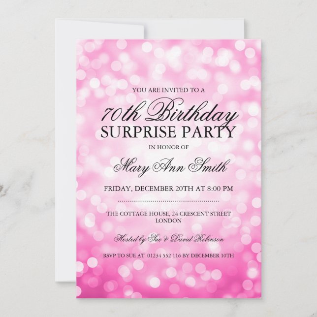 Invitation 70e Birthday Party Pink Glitter Lights (Devant)