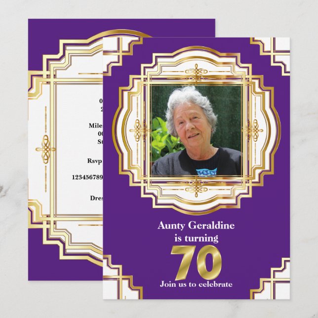 Invitation 70e cadre de photo blanc violet or élégant soixant (Devant / Derrière)