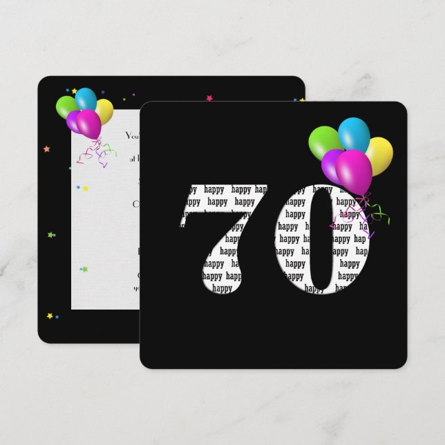 Invitation 70e fête d'anniversaire avec bouquet de ballons (Devant / Derrière)