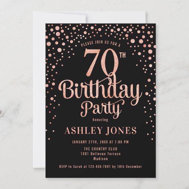 Invitation 70e fête d'anniversaire - Black & Rose Gold (Devant)