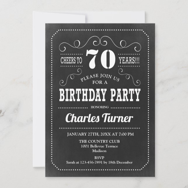 Invitation 70e fête d'anniversaire - Chalkboard noir blanc (Devant)