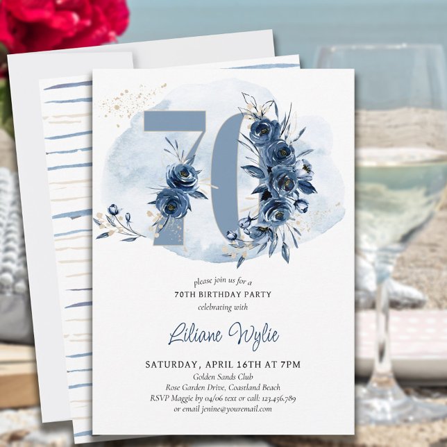 Invitation 70e fête d'anniversaire Côte Bleue Floral Numéro 7 (Créateur téléchargé)
