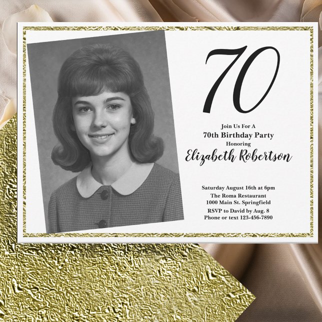Invitation 70e photo personnalisée Blanc et Or (Créateur téléchargé)