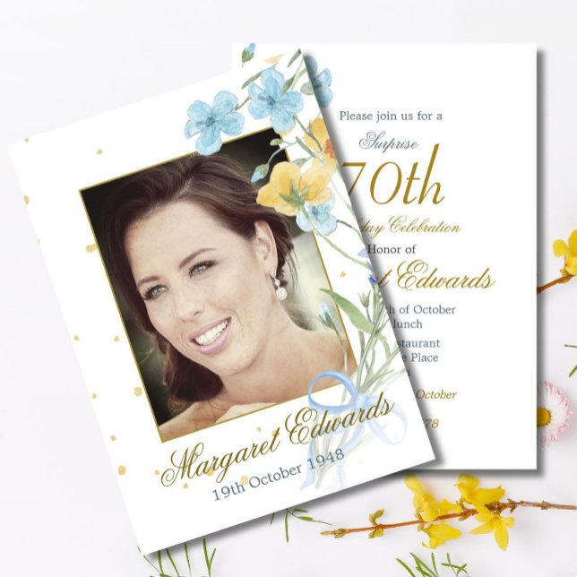 Invitation 70ème Floral Gold Elegant Photo Anniversaire (Créateur téléchargé)