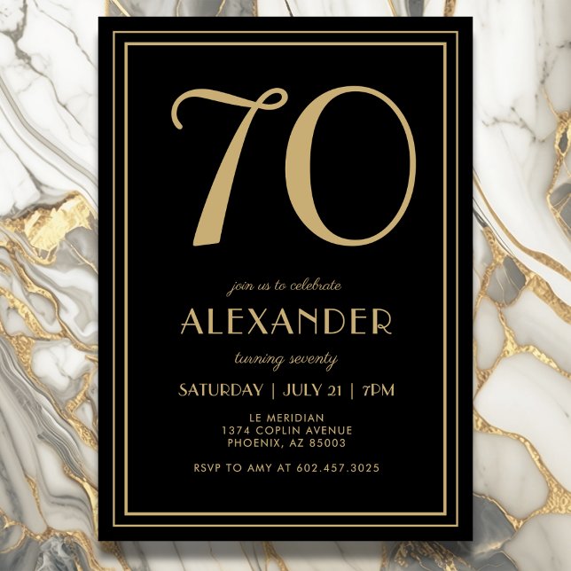Invitation 70th Birthday Black and Gold Modern Minimal Adult (Elegant black and gold 70th birthday invitation design for him or her.)