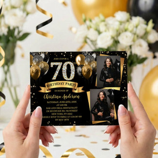 Invitation 70th Birthday Modern Gold Glitter Balloons 2 Photo