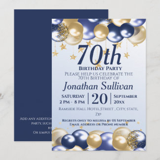 Invitation 70th Birthday Navy Gold Balloons Party