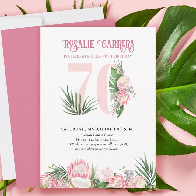 Invitation 70th Birthday Party Tropical Pink Protea Numéro 70 (Créateur téléchargé)