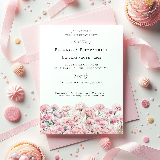 Invitation 70th Birthday Pink Carnation January Birth Flower (Créateur téléchargé)