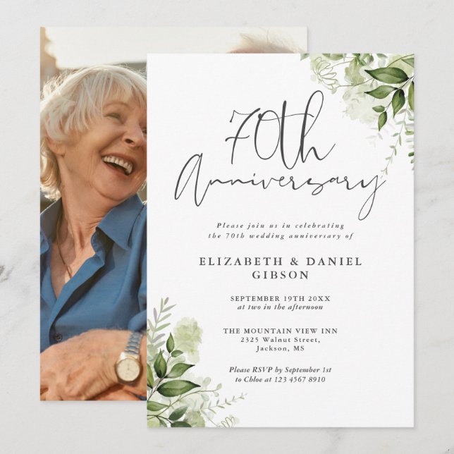 Invitation 70th Wedding Anniversary Greenery Floral (Devant / Derrière)