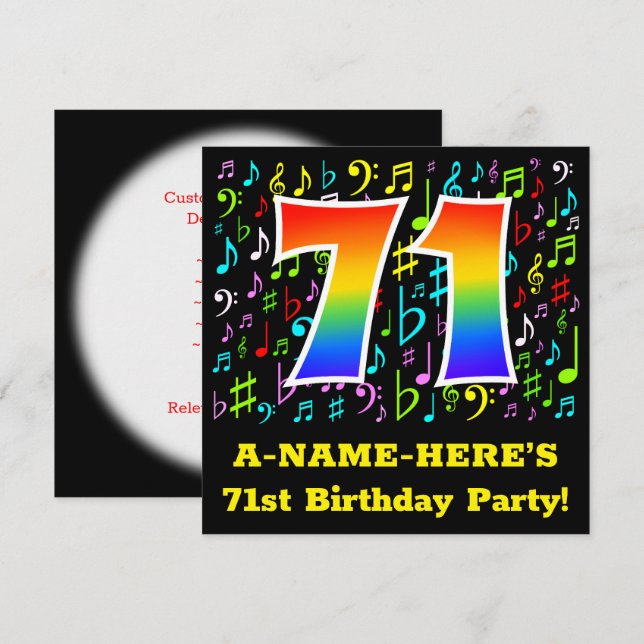 Invitation 71e fête d'anniversaire : Symboles de musique amus (Devant / Derrière)