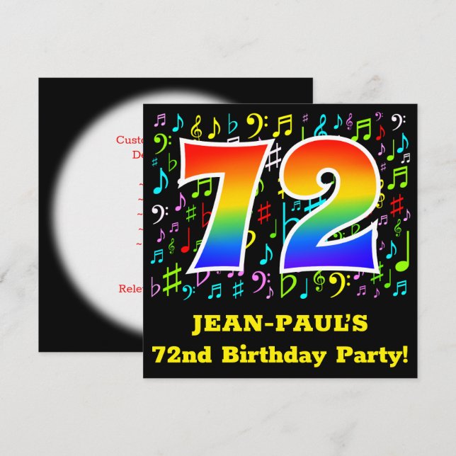 Invitation 72e fête d'anniversaire : Symboles de musique amus (Devant / Derrière)