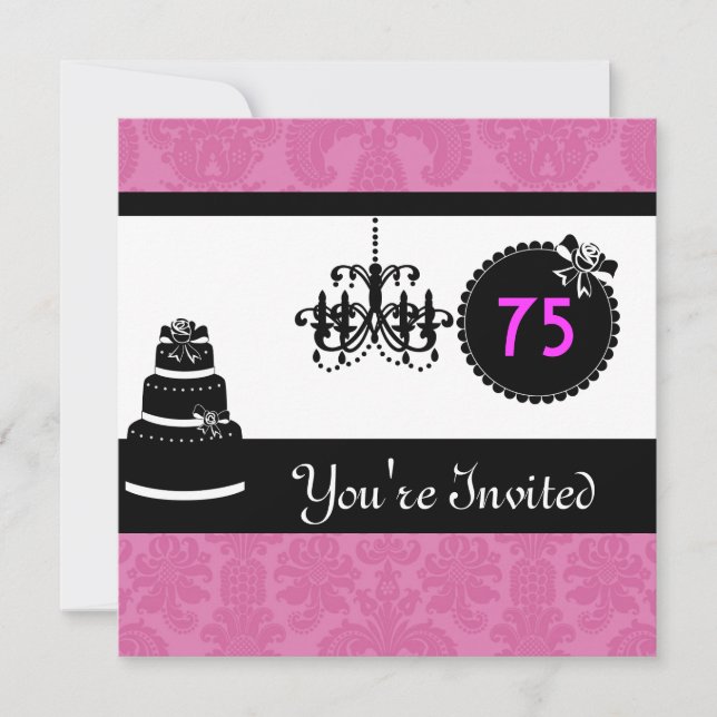 Invitation 75e anniversaire Black & White & Pink Damask In (Devant)
