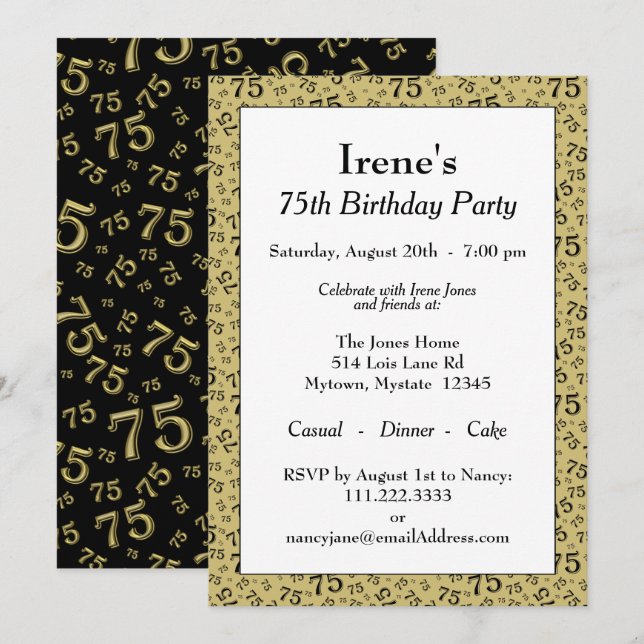 Invitation 75e anniversaire de fête Gold et Motif de numéro n (Devant / Derrière)