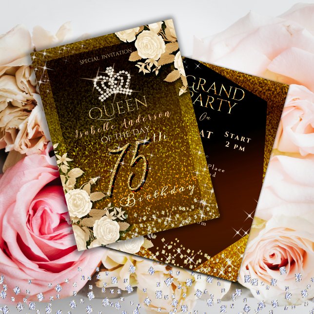 Invitation 75e anniversaire de l'or de la Couronne (Elegant crown birthday Invitation card for your mom or grandmother for her special 75th birthday.)