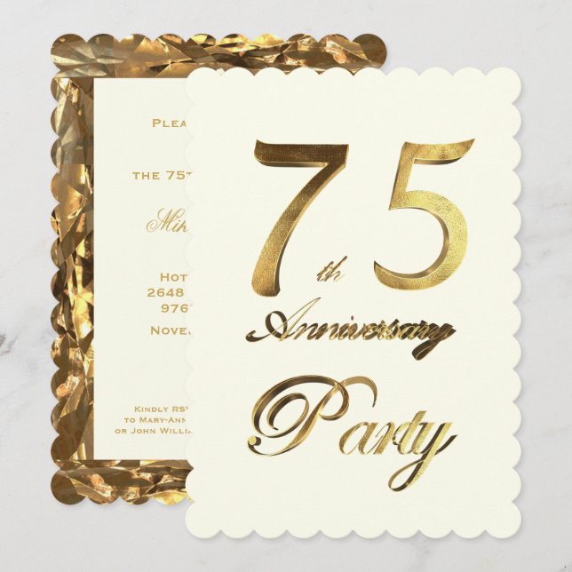 Invitation 75e anniversaire de naissance or ivoire élégant (Devant / Derrière)