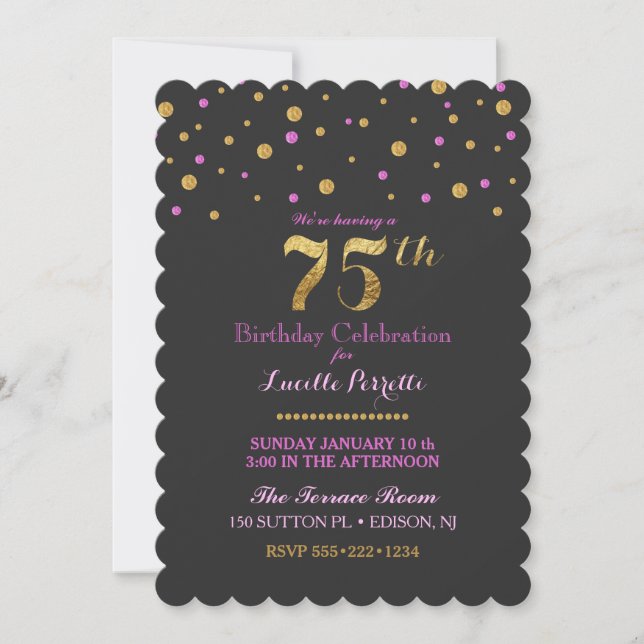 Invitation 75e anniversaire Dots de confetti rose or (Devant)