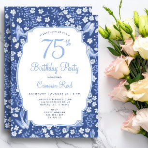 Invitation 75e Anniversaire Élégant Féminin Floral Oiseau Ble