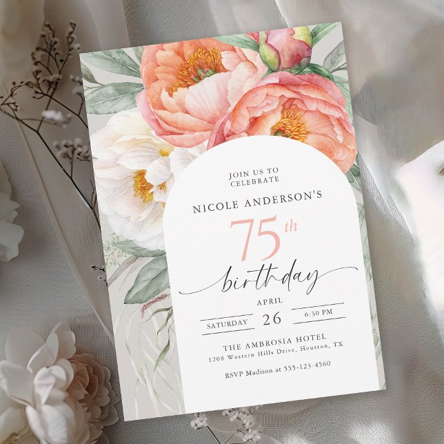 Invitation 75e anniversaire Elégante aquarelle florale pivoin (Available in both printed and instant download digital formats.)