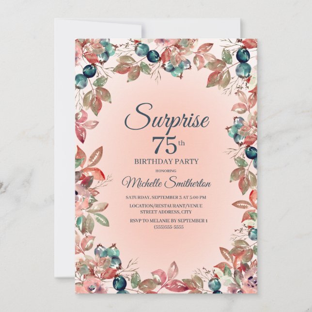 Invitation 75e anniversaire femmes rose Turquoise Feuilles fl (Devant)