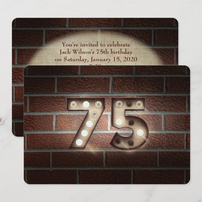 Invitation 75e anniversaire Fête-marquee lumières sur brique (Devant / Derrière)