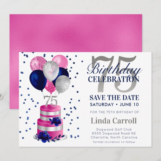 Invitation 75e Anniversaire Gâteau rose Sauvez La Date Invita (Devant / Derrière)