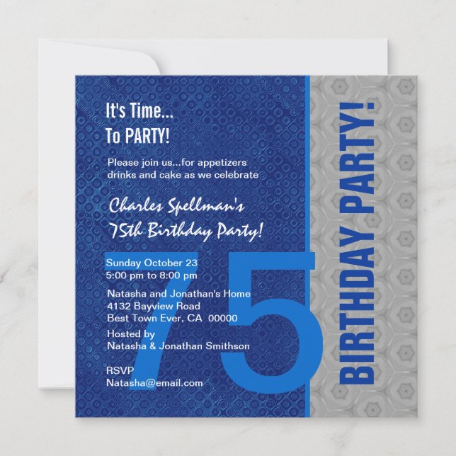 Invitation 75e anniversaire Moderne Bleu et Argent S305 (Devant)