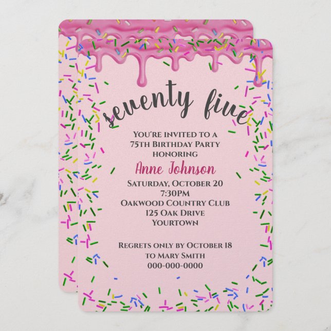 Invitation 75e Anniversaire Pink Icing Et Sprinkles (Devant / Derrière)