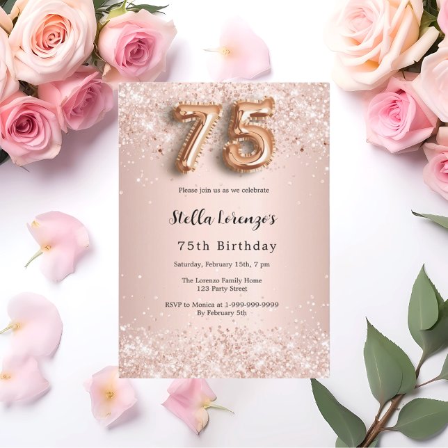 Invitation 75e anniversaire rose or rose confetti luxe (Créateur téléchargé)