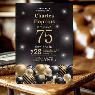 Invitation 75e anniversaire Surprise Party Black Gold Ballons