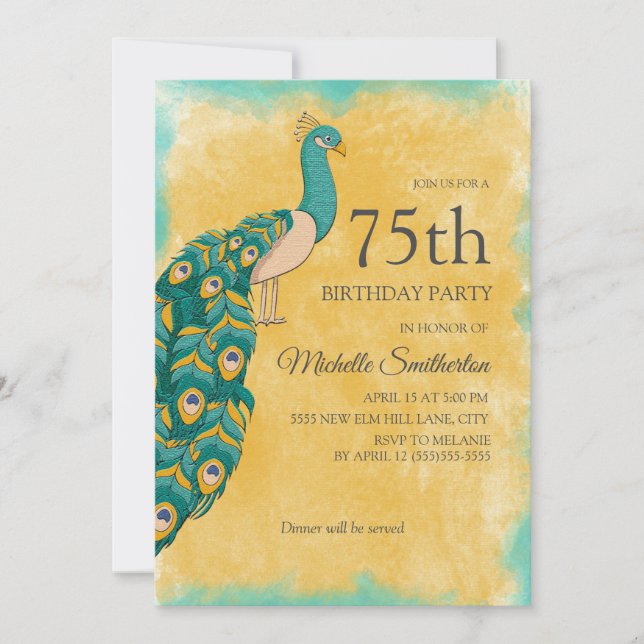 Invitation 75e anniversaire Turquoise Aquarelle jaune Peacock (Devant)