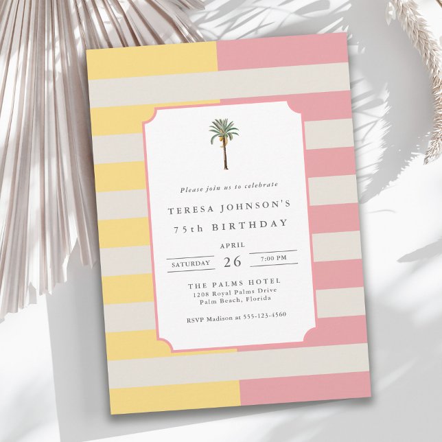 Invitation 75th Birthday Palm Beach Pastel Stripe Tropical (Créateur téléchargé)