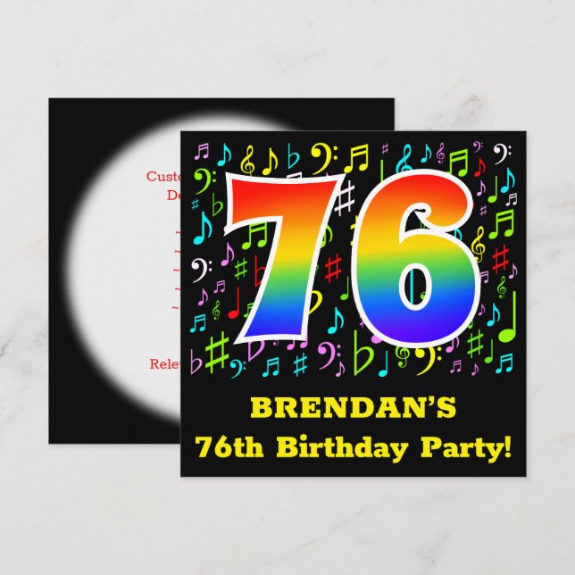 Invitation 76e fête d'anniversaire : Symboles de musique amus (Devant / Derrière)