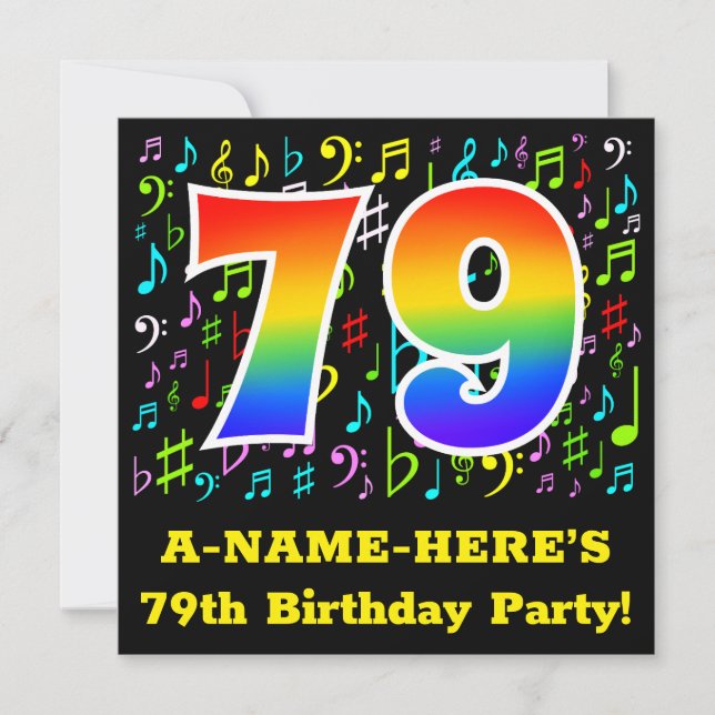 Invitation 79e fête d'anniversaire : Symboles de musique amus (Devant)
