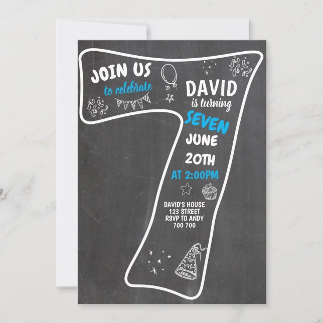Invitation 7e anniversaire Boy Chalkboard Blue Numéro (Devant)