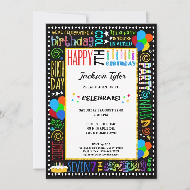 Invitation 7e anniversaire Fun Couleur Crazy Texte sur Black  (Devant)