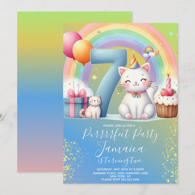 Invitation 7e anniversaire Kitten Rainbow Party (Devant / Derrière)