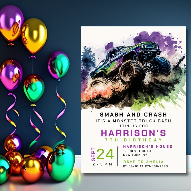 Invitation 7e anniversaire Monster Truck Smash Crash Garçon E (Créateur téléchargé)