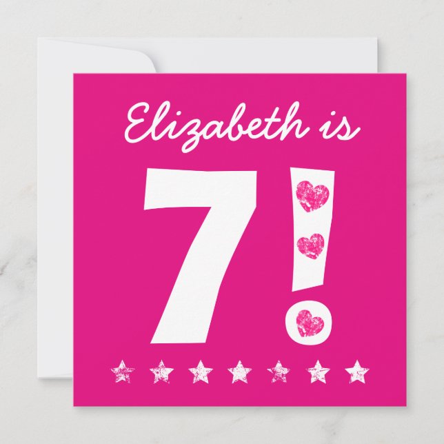 Invitation 7e anniversaire Nom personnalisé rose pour la FILL (Devant)