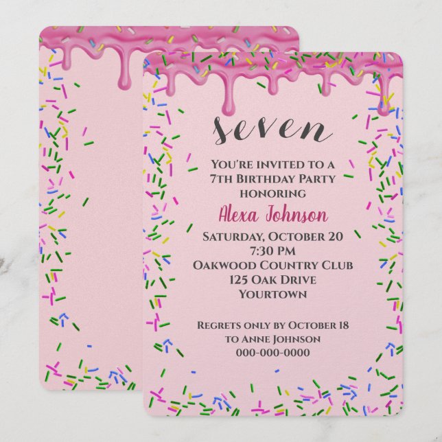 Invitation 7e Anniversaire Pink Icing Et Sprinkings (Devant / Derrière)