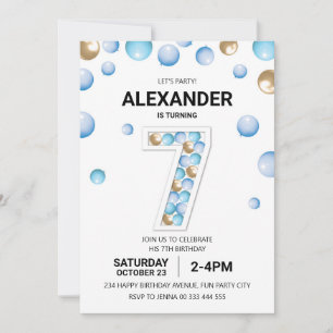 Invitation 7e fête d'anniversaire, Blue and Gold Balloon Boy