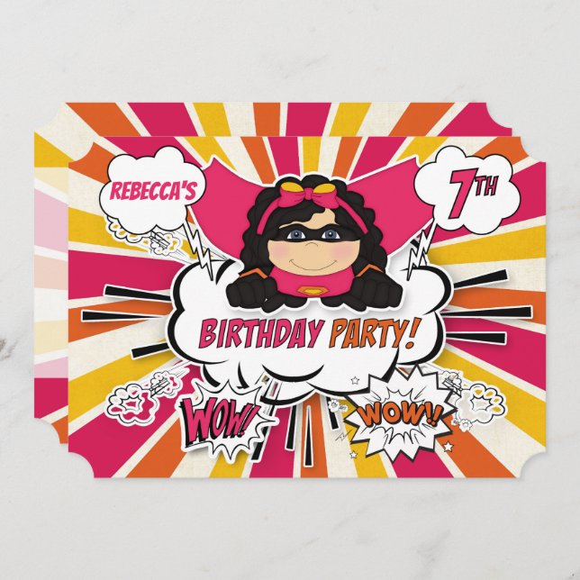 Invitation 7e fête d'anniversaire filles Superhero Pink Comic (Devant / Derrière)