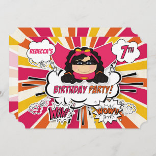 Invitation 7e fête d'anniversaire filles Superhero Pink Comic