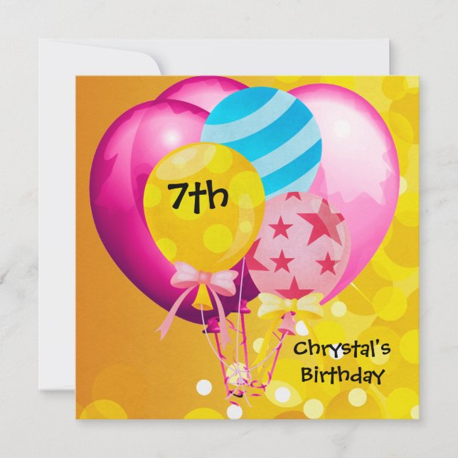 Invitation 7e fête d'anniversaire Pink Yellow Blue Balloons G (Devant)