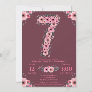 Invitation 7ème Grosse Fille Anniversaire Fleurs roses Lieux 
